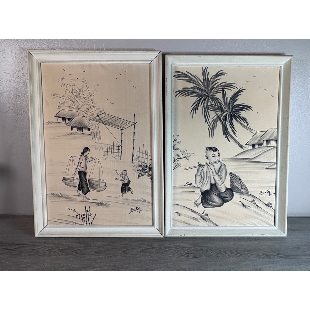 Beky Signed Vintage Southeast Asian Silk Painting Set of 2 Framed Village Art
